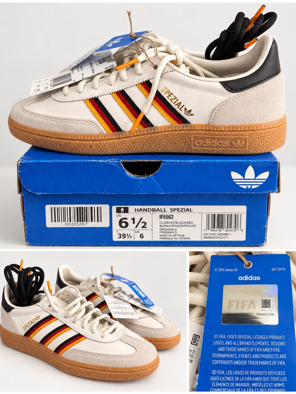 adidas Handball Spezial Men’s Sneakers in Cream with Black, Red & Yellow Stripes
